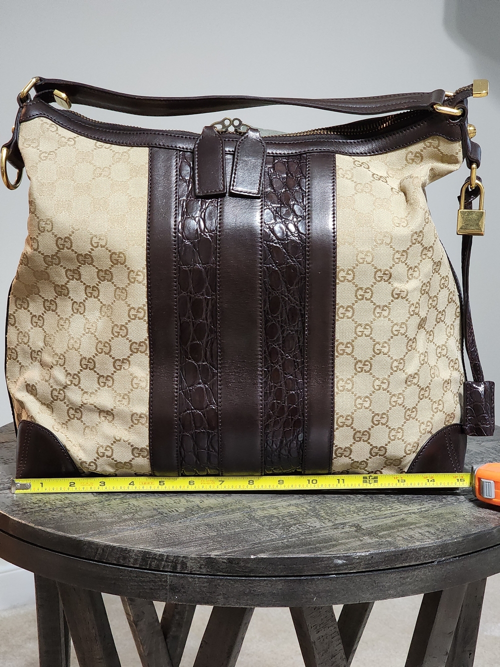 Gucci Beige GG Canvas and Crocodile Embossed Leather Secret Hobo Bag